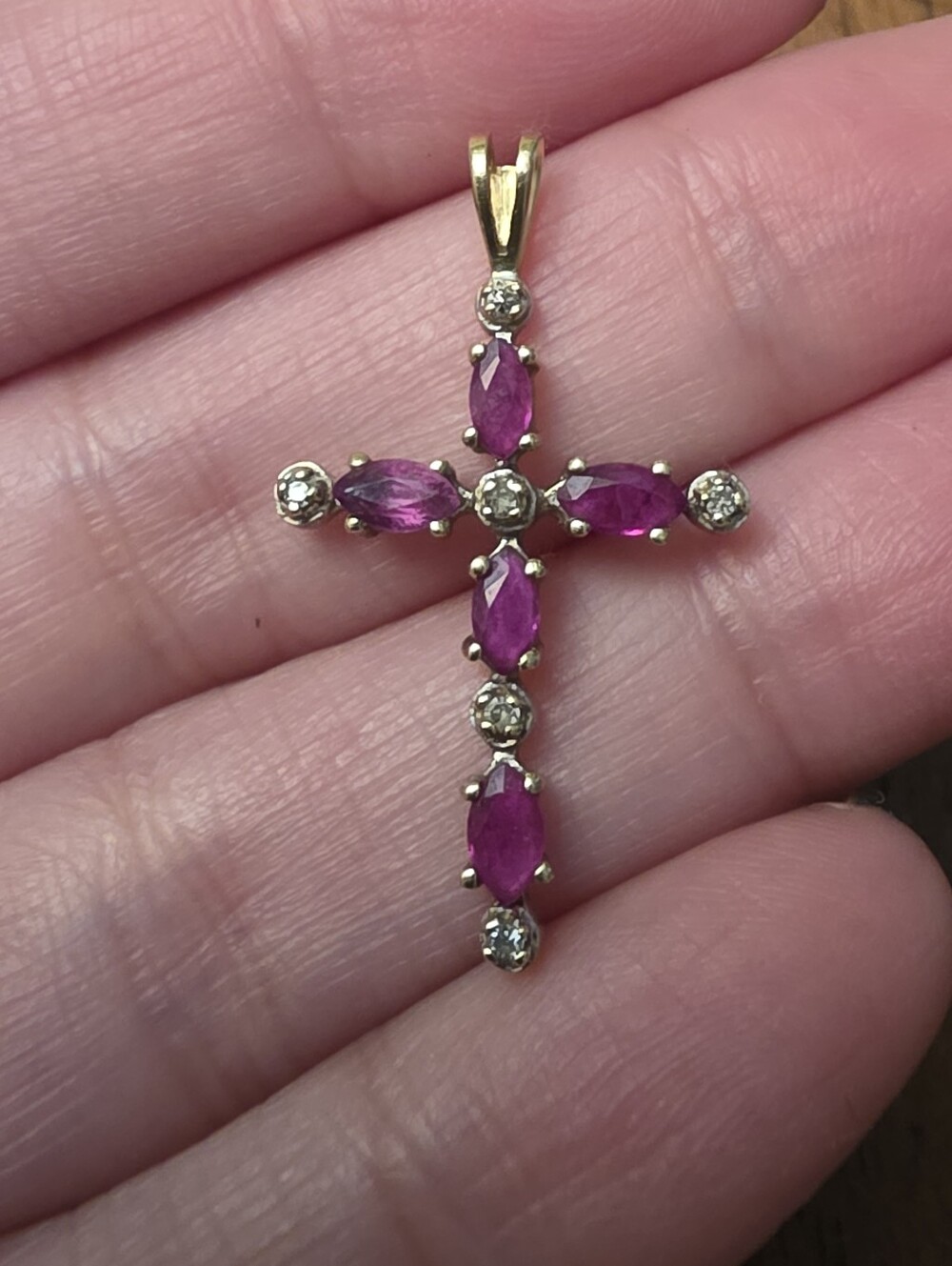 14kt Solid Gold Cross Pendant with Pink Ruby Marquise Stones and Diamonds